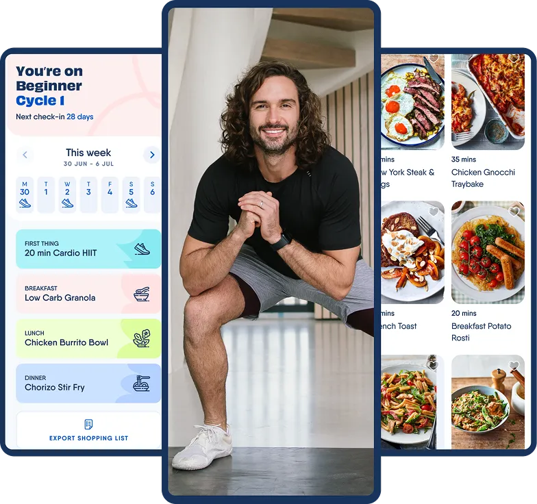 Screenshots of The Body Coach app showing workout and recipe planning, a variety of recipes, and a screen grab of Joe Wicks exercising.
